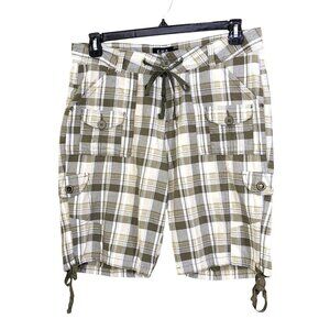 Womens Shorts Size 10 Plaid Taupe Gray Cargo Tie Hem Casual Comfort Lightweight